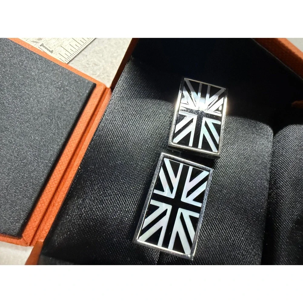 Simon Carter London Union Jack Cufflinks Onyx Mother‎ of Pearl Silver Tone Boxed